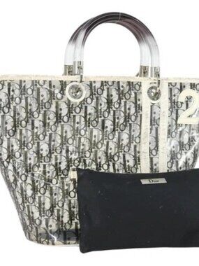 Christian Dior Trotter Canvas Hand Bag Vinyl Clear Silver Auth 162441